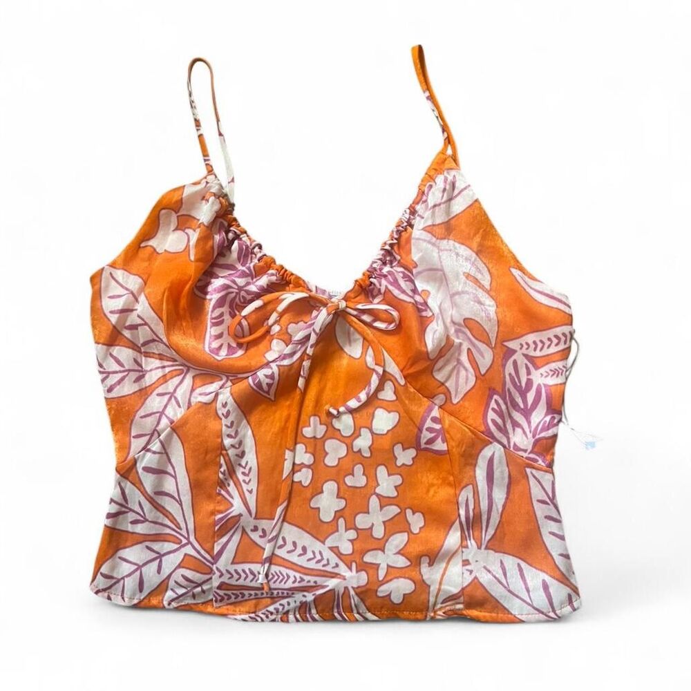 Sienna Sky Women's Orange Tropical Floral Rusched Tank Top SZ L NWT